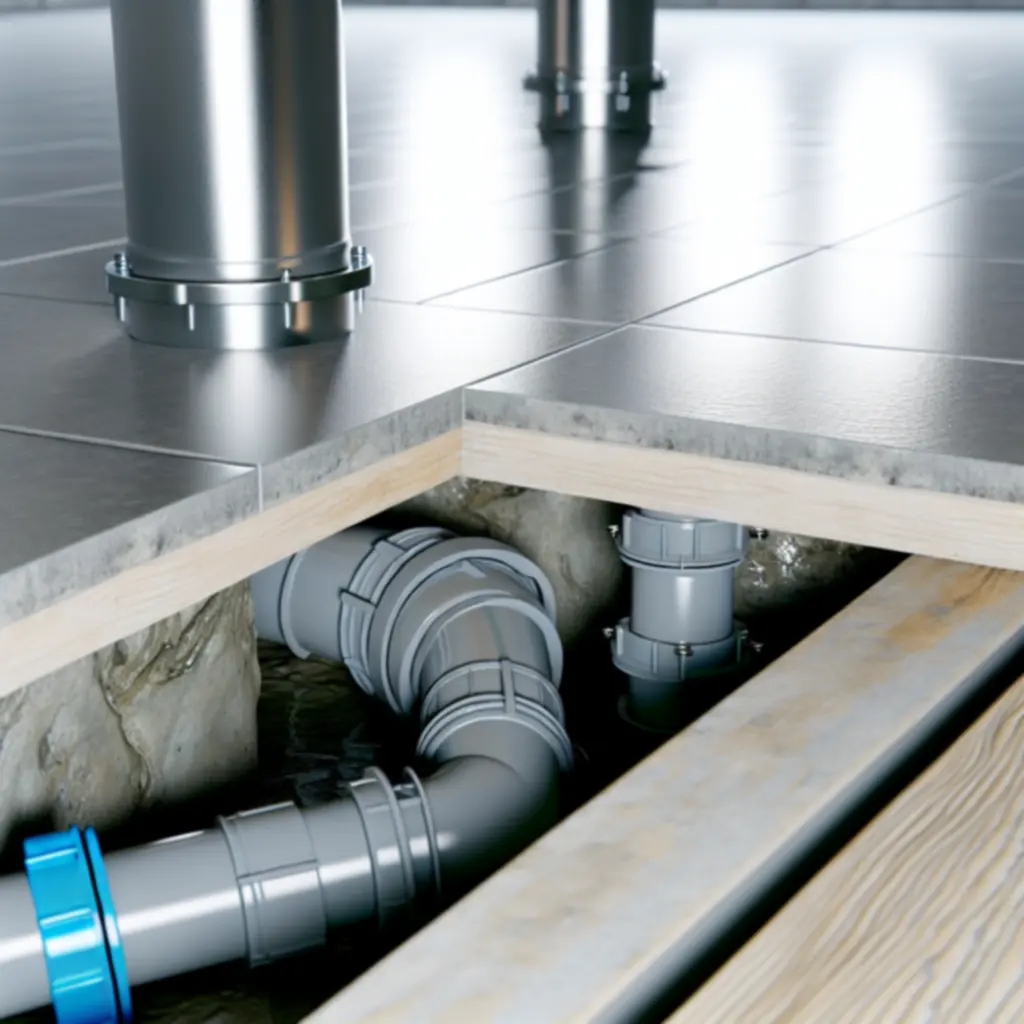 Professionele afvoerbuizen en leidingen die in een technische ruimte worden gebruikt