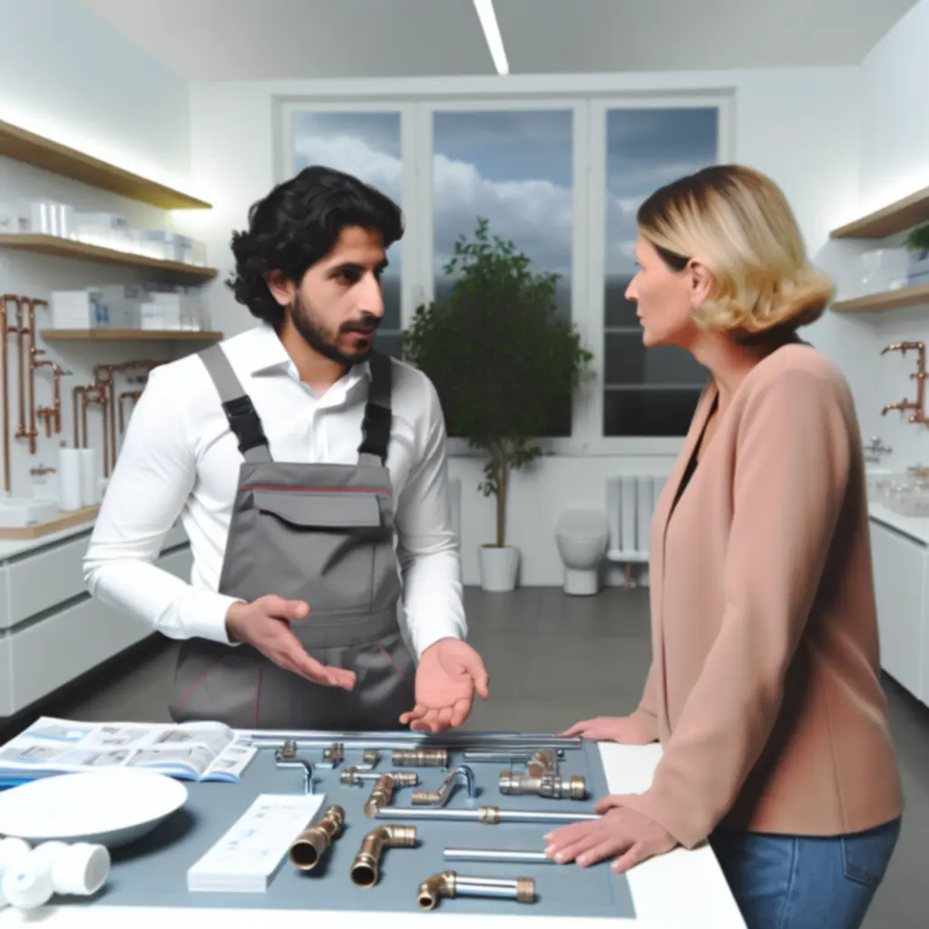 Professionele installateur die samen met een klant een sanitairproject bespreekt