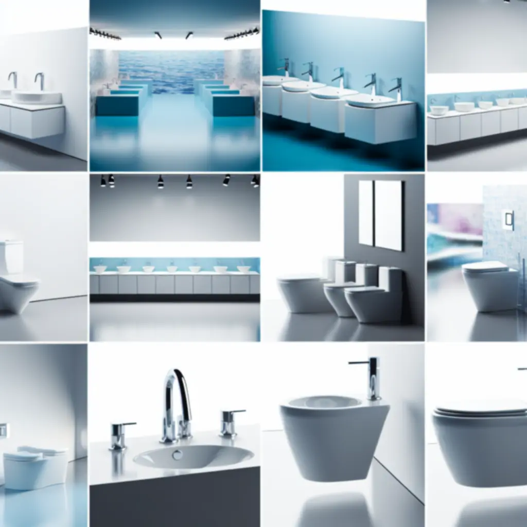 Selectie van modern sanitair zoals wastafels, kranen en douches in een strakke badkameropstelling